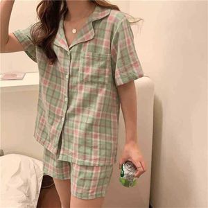 韓国の高品質の女の子の眠れぬプレーヤーすべてのマッチの短い甘い家庭夏の女性の薄い緩いパジャマセット210525