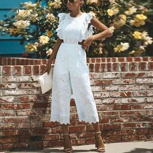 Sommar kvinnor broderi rompers vit spets sexig ruffle jumpsuit 210415