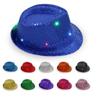 LED Brilhante Lantejoula Mulheres Fedora chapéu Homens Derby Cap Festa Crianças Jazz Hats Dancing Boy Sunhat Light Up Girls Trajes Acessórios 210413