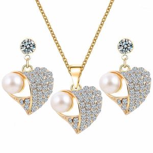 Brincos Colar Hocole Moda Coração Imitação Pearl Jóias Definidos Strass Gold Chain Set para Mulheres Casamento