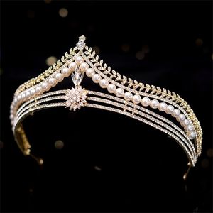 Baroque Retro Gold Crystal Pearl Bridal Tiaras Crown Geometric Pageant Diadem Bride Headband Wedding Hair Accessories 220217