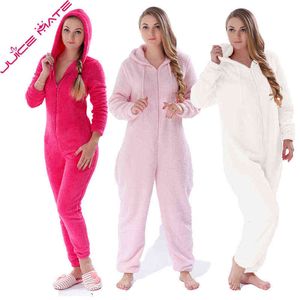 Winter Warm Pyjamas Women Onesies Fluffy Fleece Jumpsuits Sleepwear Overall Plus Size Hood Sets Pajamas Onesie For Women Adult 211109