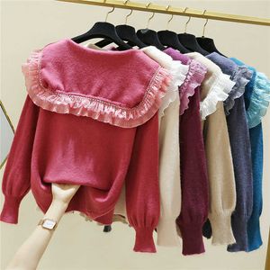 Koreanska Mode Kvinnor Tröja och Pullovers Patchwork Ruffles Sticka Jumper Oversize Knit Jumpers Twisted Pull Femme 210604