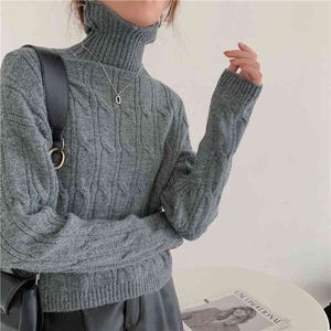 Autumn Winter OL Outwear Vintage Turtleneck Twist Sweater Women Short Tops Elegant Long Sleeve Knitted Sweaters 210421