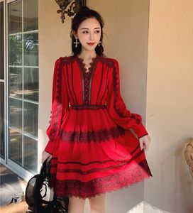 Arrival Lace Embroidery Single Breasted Short Dress Sexy V-neck Long Sleeve ruffles A-line Slim Draped Dress Women 210514