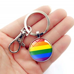 Gay Lesbian Pride Rainbow Glass Dome Pendant Keychain Lobster Buckle Rainbow Pattern Key Chain Keyring Keychains G1019