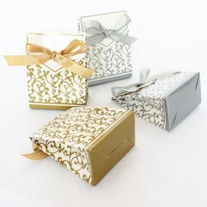 New 10pcs Creative Golden Silver Ribbon Wedding Favours Party Gifts Candy Paper Box Cookie candies gift bags Event parties Supplies