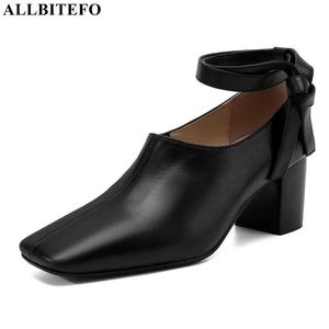 ALLBITEFO high quality genuine leather ankle-strap thick heels casual women shoes brand high heels shoes women heels shoes 210611