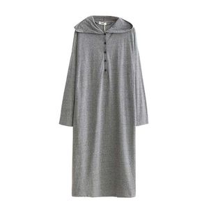 Talvez U Capuz Botão Casual Sweatshirt Vestido Do Joelho Comprimento Loose Grey Sólida Outono Manga Longa D0780 210529