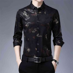 Klänningskjortor Män Slim Fit Chinese Dragon Print Silk Shirt Vår Långärmad Casual Camisa Masculina C725 210626