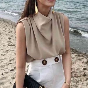 casual solid turtleneck sleevless za women blouse tops female chic shoulder pad khaki back zipper summer shirt femme 210719