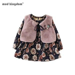 Mudkingdom Baby Mädchen Kleidung Set Winter Mädchen Langarm Blumenprinzessin Kleid Faux Pelzweste 210615