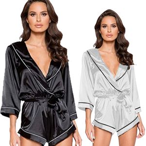 Соединильные пижамы женские спящие одежды Женщина odysies Piece Pajamas Сексуальные Свободные Кардиган Дамы Домашняя одежда Повседневная Белье Лето Одиночные Девушки V Шея Одежда 4 Цвета