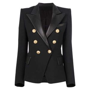 S-3XL High Quality 2021 Brand New Fashion Leather Lapel Stitching Slim Double-Breasted Long-Sleeved Wild Commuter Woman Blazer X0721