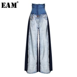 [Eam] Hög midja Blå Kontrastfärg Denim Burr Wide Leg Jeans Lösa Kvinnor Byxor Mode Vår Höst Jr841 211129