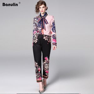 Banulin mode designer Runway kostym set 2019 vår långärmad blommig båge tryck toppar + långa byxor 2 stycke set kvinnor b7586 x0428