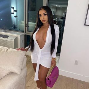 Casual Dresses Summer 2021 Elegant Night Club Wear Sheath Clothings Female Clubwear White Solid Color V Neck Long Sleeve Bandage Ruched Dres