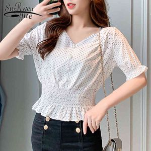 Blusas Vintage V-neck Polka Dot Short Sleeve Chiffon Blouse Women Elegant Front Buttons Slim Waist Ruffles Female 8830 50 210427