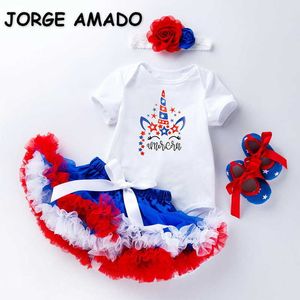 Summer Baby Girls 4-PCS Conjuntos Desenhos Animados Unicórnio Bodysuit + Tutu Skirt Headwear sapatos Sapatos para crianças Jumpsuit E073 210610