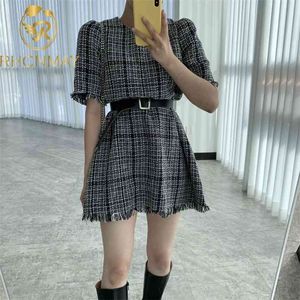 Fashion Korea Plaid Dress Women's Spring Summer Loose Round Neck Slim Short Sleeve Mini Dresses With Belt For Women 210506