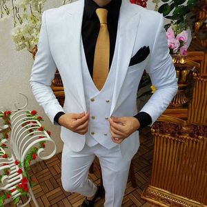 Białe Slim Fit Garnitury Dla Mężczyzn 3 Sztuka Ślub Tuxedo z podwójnym kamizelką męską męską mody kurtka spodnie New Arrival X0909