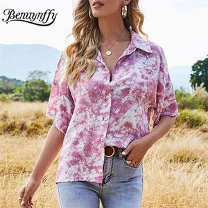 Turn-down Collar Pocket Tie Dye Short Sleeve Shirt Women Summer Tops Fashion Street Style Button Up Casual Shirts 210510