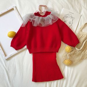 Maglione per ragazze Set Autunno Inverno Bambini Manica lunga Colletto in pizzo Caldo lavorato a maglia + Gonna generale 2 pezzi Vestiti per bambina 210515