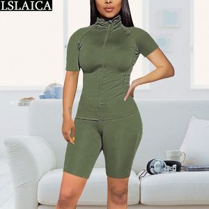 Kobiety Dwa Kawałek Zestaw Solid Color Zip Stojak Kołnierz Slim Dress Women Fashion Elegant Casual Sport Summer Plus Size 2 210520