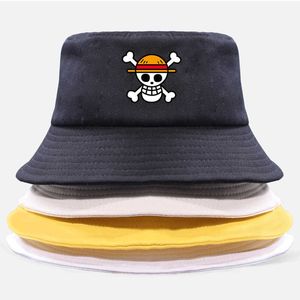 En bit hink hatt panama cap pirat king anime luffy hajuku kvinnor män bomull utomhus solskyddsmedel breda rand hattar keps q0805