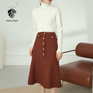 FANSILANEN High waist wool blend long skirt Women ruffle pocket sexy bodycon Autumn winter gray office lady elegant 210607
