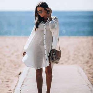 Bikini-Vertuschungen Weiße Baumwolltunika Frauen Plus Size Strandkleidung Lässige lange Tops Sarongs Plage Sexy Badeanzug Cover Up Q1076 210420