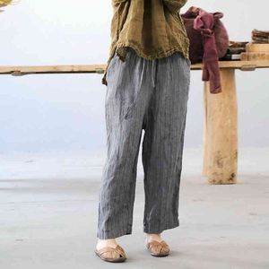 Johnature Women Calças de comprimento do tornozelo Solto Linho listrado calças casuais Designer original Plus Size Elastc Cintura Saia 210521