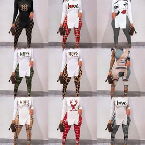 2022 Designer Frauen T-shirt Zwei Stück Hosen Set Valentinstag Personalisierte Brief Gedruckt Split Langarm Tops Leggings Outfits