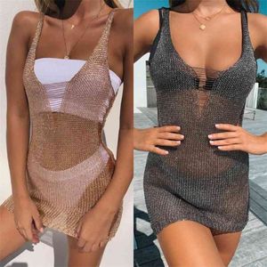 Vestidos de Verão Crochet Mulheres Sexy Casual Knit Mini Tanque Malha Fishnet Sunsproof Sunscreen Beach Vestidos 210517