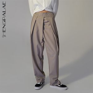 Simples cintura khaki verão feminino cintura alta solta plissada laca larga calças de perna feminina 5c954 210427