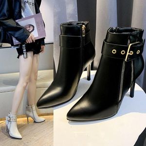 Stiefel Herbst Frauen 2021 Winter Sexy Stiletto Spitz Hohe Ferse Knöchel Gürtel Schnalle Seite Zipper Mode