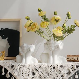 Vaso in ceramica artistica Corpo moderno Lady Scultura Elegante composizione di fiori secchi Vaso a forma di testa per la decorazione del desktop del soggiorno di casa