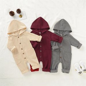 Vår och höst Baby Boy Girl Solid Cardigan Hooded Long-Sleeve Jumpsuit One Pieces 210528