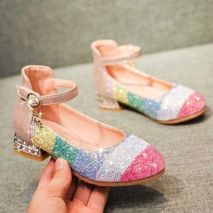 Arrivi Bambini Ragazze Scarpe Arcobaleno Paillettes Cristallo Principessa Scarpe da ballo Per grandi ragazze Tacchi alti Scarpe per bambini Calzature 210713