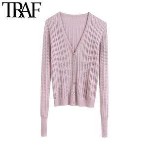 Mulheres Moda Jóias Botões Cable-Knit Cardigan Sweater Vintage V Neck Manga Longa Feminina Outerwear Chique Tops 210507