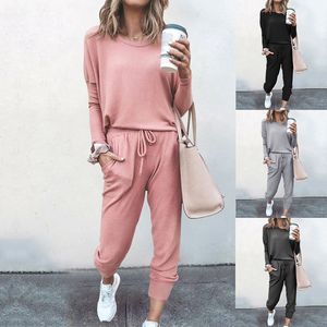 Mola e verão mulheres soltas calças conjuntos moda dois pedaços definir roupa cor sólida manga longa tracksuits casual terno