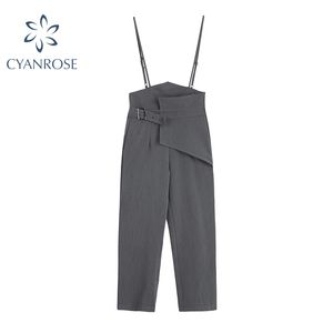 Fashion Lace Up Women Suspender Pants Strap High Waist Grey Spliced Bandage Office Long Trousers Spring Vintage Jumpsuits 210417