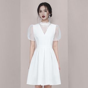 Fashion Office Lady Runway Dress Mesh Puff Sleeves Lace Patchwork Women White Mini Vestoidos 210520