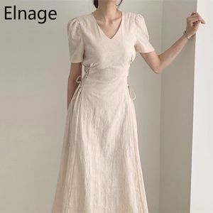 Korean Temperament Pattern V-neck Slim Side Lace Up Maxi Dress Women Short Sleeve Summer Dresses Cotton and Linen Robe 5B083 210429