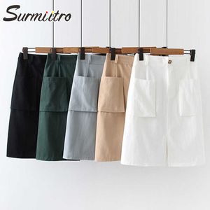 Surmiitro夏のファッションコットンスプリットスカート女性韓国風のハイウエストポケットを持つラインミニスカート女性210712
