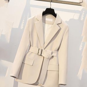 女性のスーツBlazers FMFSSOM autumn Sashes White Blazer女性エレガントなスリムなファッションカジュアルアウトウェア1ボタンソリッドブラックスーツコート