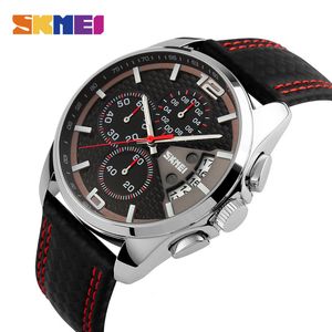Skmei мода спортивные мужские часы верхний бренд роскошный кожаный ремешок 5Bar водонепроницаемый кварцевые наручные часы Relogio Masculino 9106 Q0524