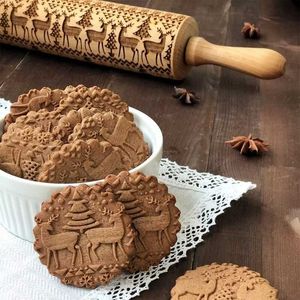 Christmas Embossing Rolling Pin Cookies Noodle Biscuit Fondant Cake Dough Engraved Wooden Roller Home Kitchen Baking Accessories 211008