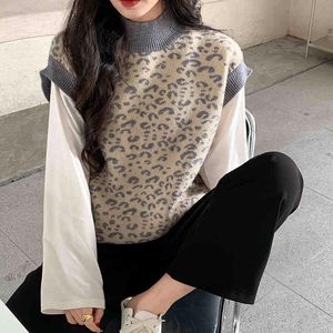 2 färger koreanska stil Små turtleneck leopard väst sweaters kvinna lösa stickade och pullovers (c9870) 210508