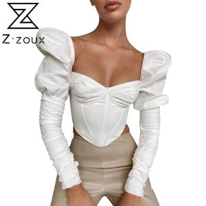 Kobiety T Shirt Kwadratowy Kołnierz Rękaw Tshirt Retro Koszulka Biała Czarna Crop Top Sexy S Long 210513